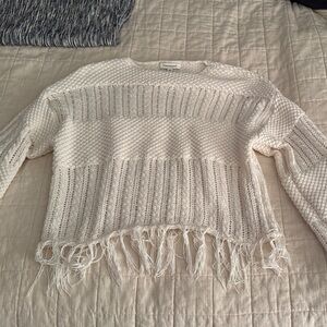 Francesca's Collections Cream Fringed Sweater